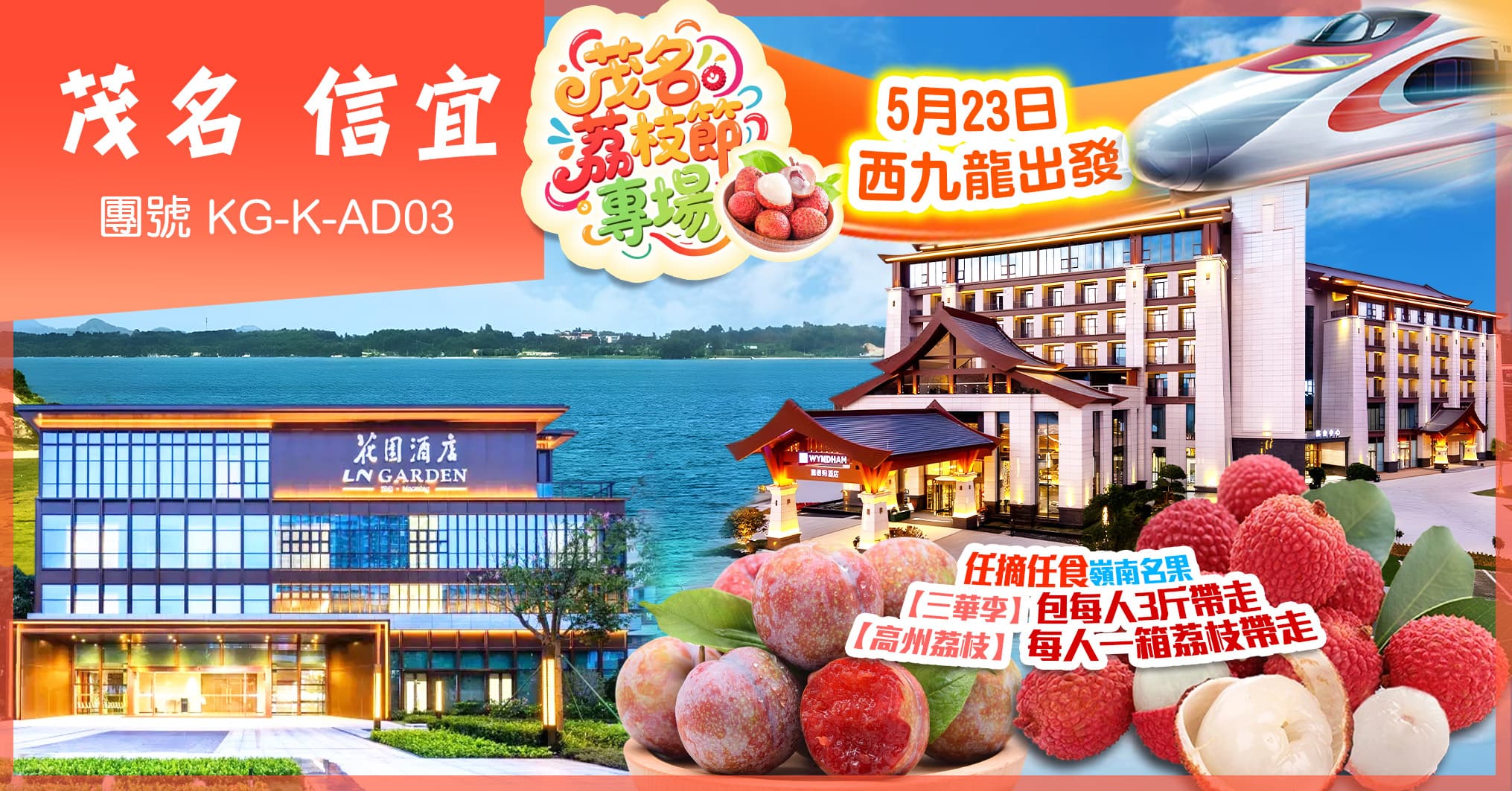 西九龍出發 茂名 花園酒店 蓮花湖溫德姆酒店自助晚 任摘任食荔枝+三華李 純玩3天（美味假期 旅行團）