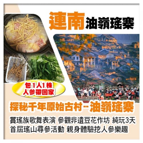 首屆瑤山尋參活動 親身體驗挖人參樂趣 千年原始古村--油嶺瑤寨 賞瑤族歌舞表演 純玩3天（關鍵旅遊 旅行團）