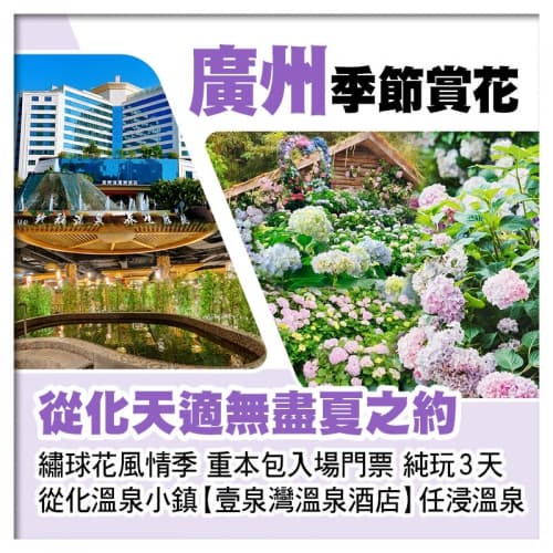 從化天適繡球花風情季、赴無盡夏浪漫之約、從化壹泉灣溫泉酒店、任浸珍稀蘇打溫泉純玩3天（關鍵旅遊 旅行團）